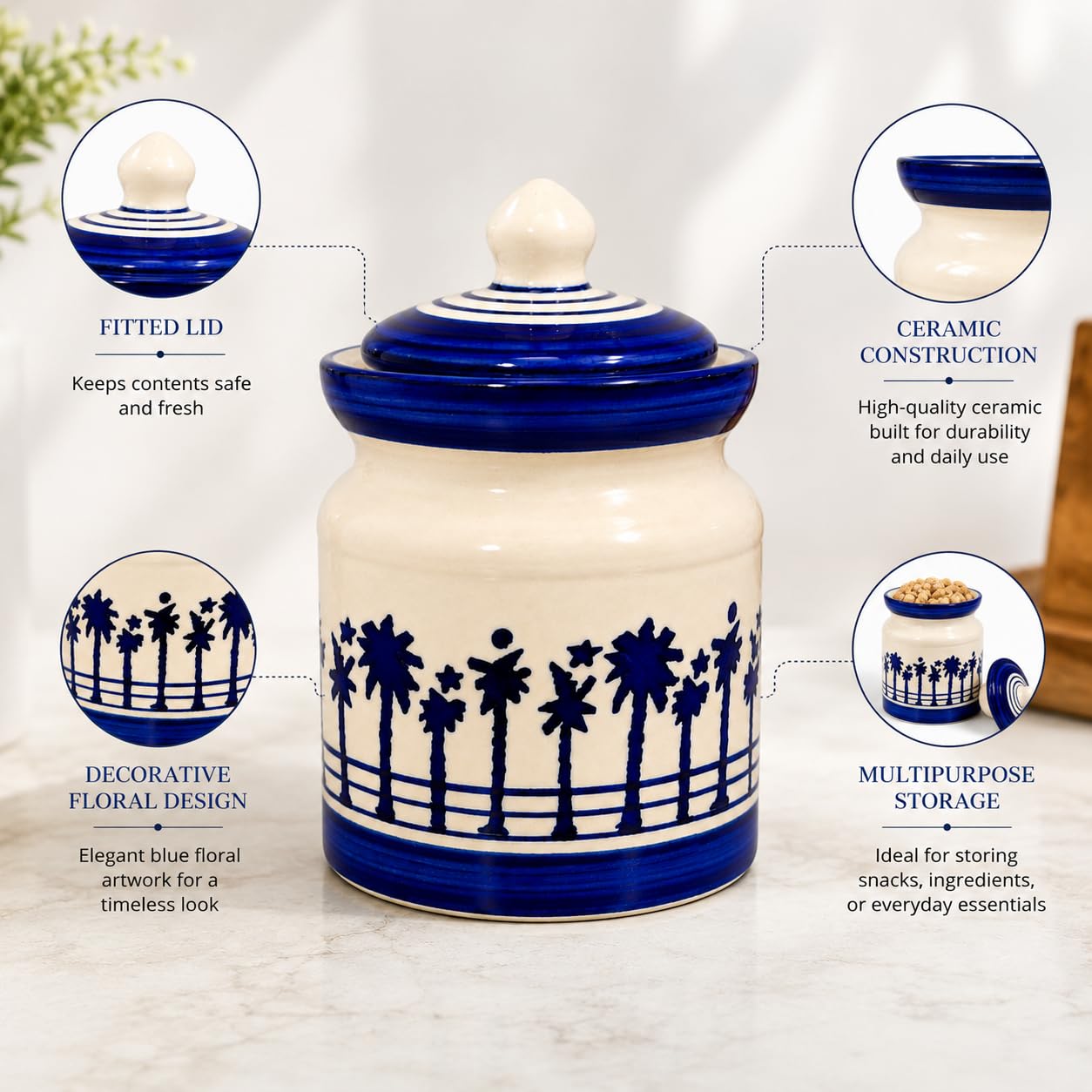 Crazy Sutra Naturra Ceramic Storage Jar with Lid | Blue & White Floral Kitchen Canister