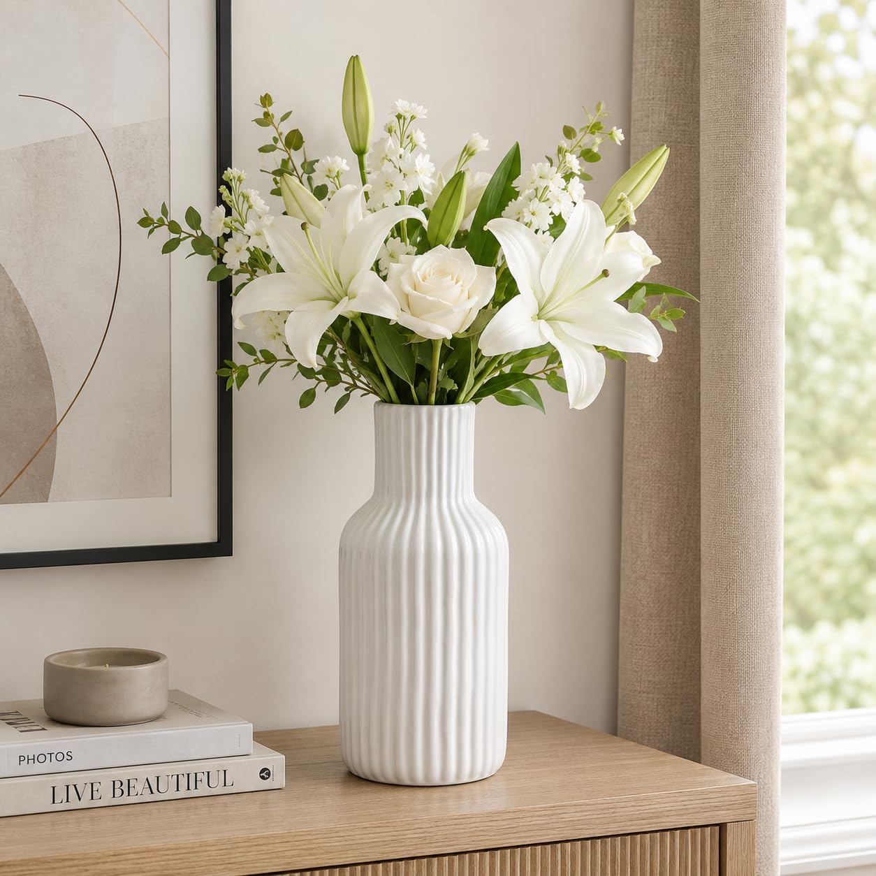 Sukoon by Crazy Sutra 8 Inch White Ceramic Vase – Ribbed Flower Vase