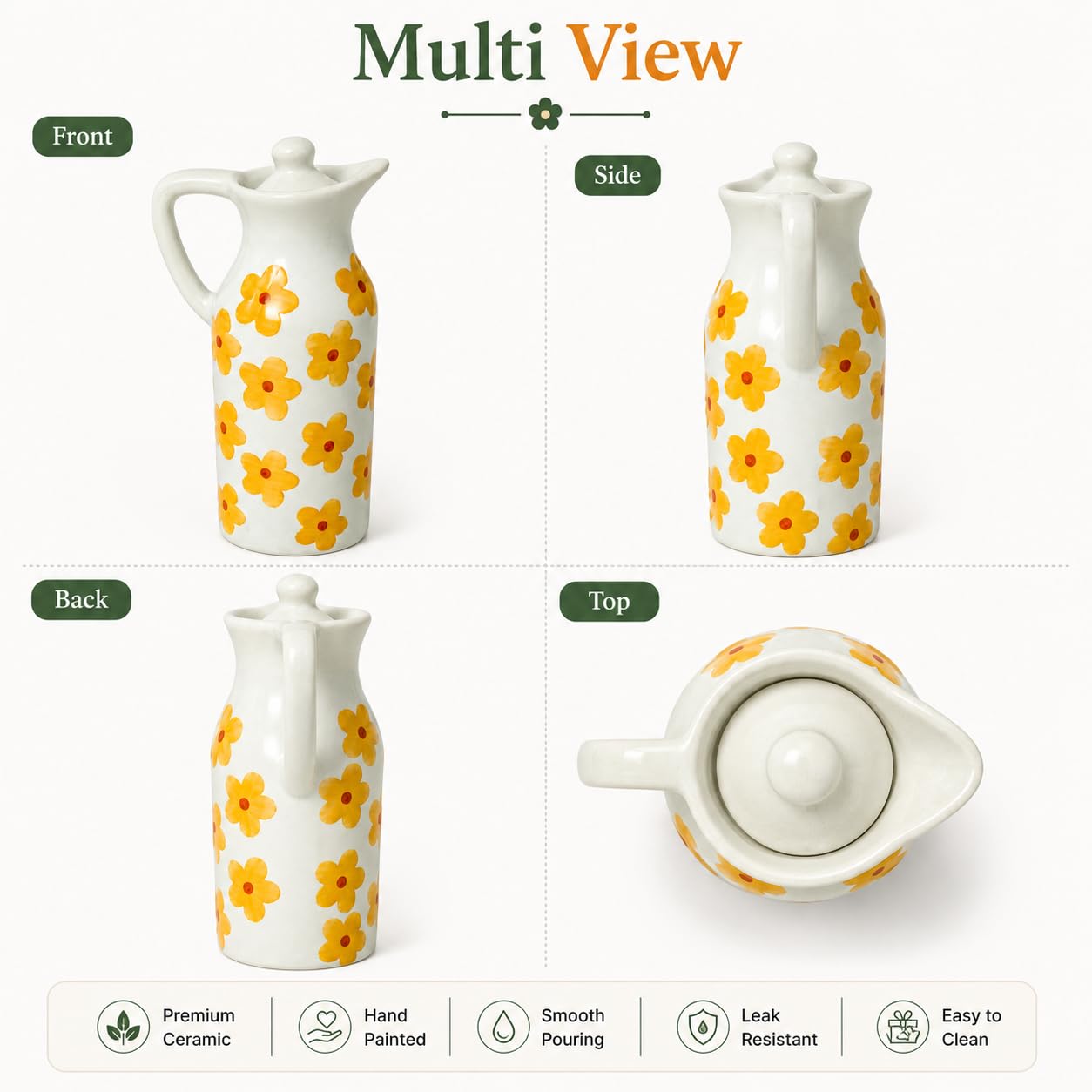 Crazy Sutra Naturra Ceramic Floral Oil Dispenser Bottle | Olive Oil Pourer with Lid