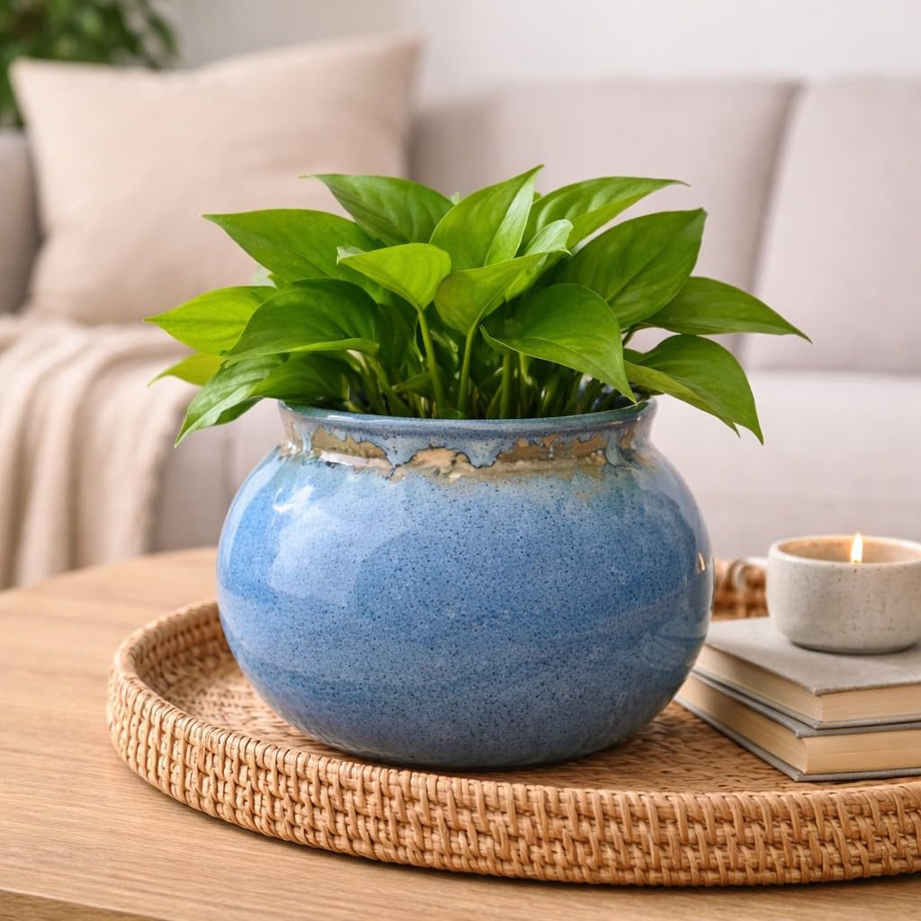Crazy Sutra Sukoon Blue Ceramic Planter Pot | Glazed Round Indoor & Outdoor Planter for Succulents, Cactus, Bonsai & Small Plants