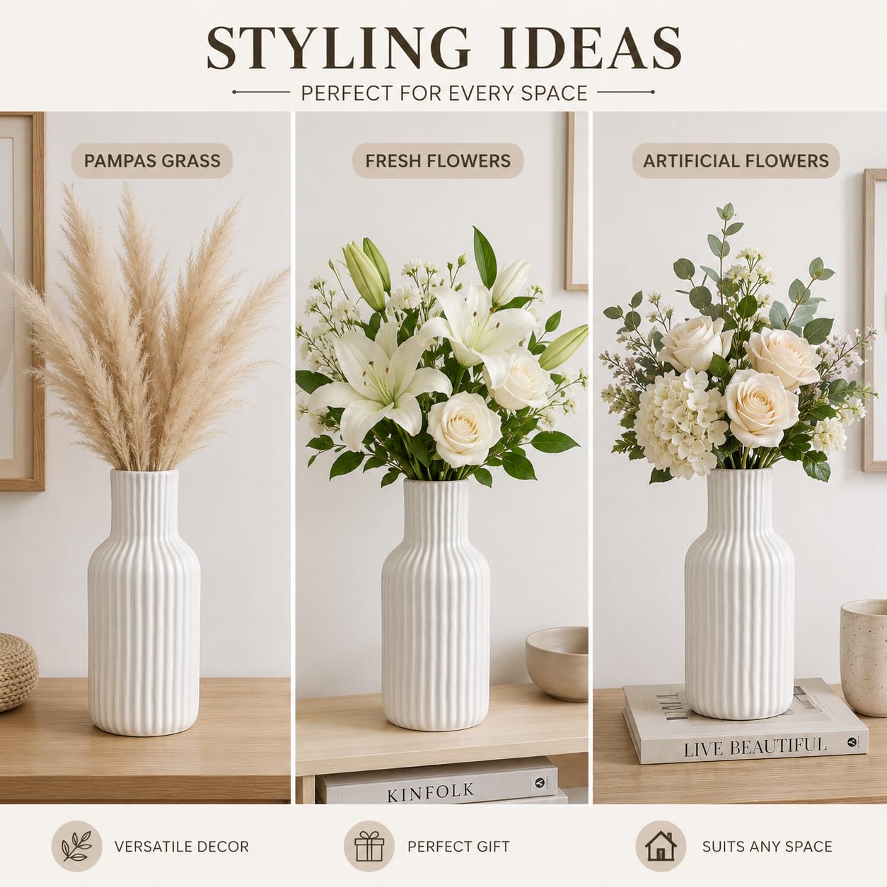 Sukoon by Crazy Sutra 8 Inch White Ceramic Vase – Ribbed Flower Vase