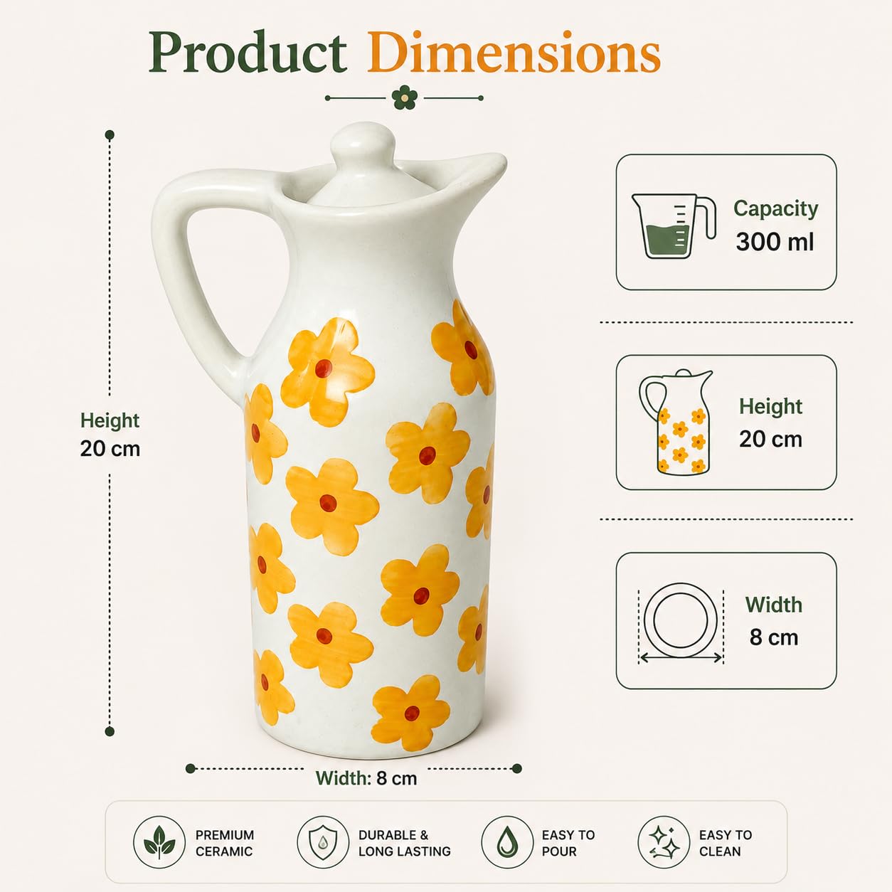 Crazy Sutra Naturra Ceramic Floral Oil Dispenser Bottle | Olive Oil Pourer with Lid
