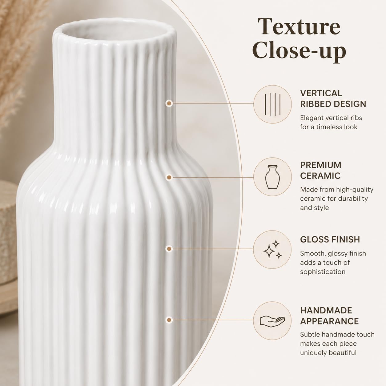 Sukoon by Crazy Sutra 8 Inch White Ceramic Vase – Ribbed Flower Vase