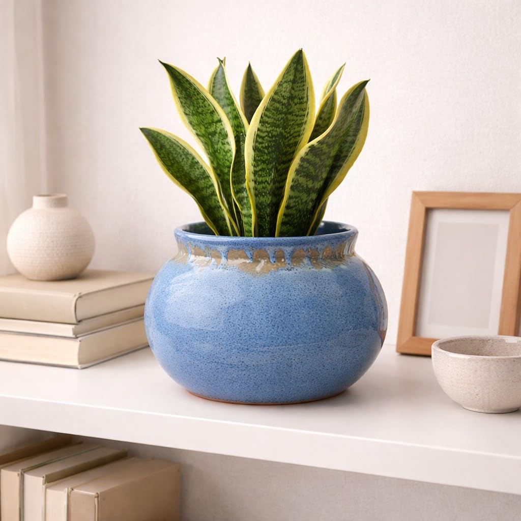 Crazy Sutra Sukoon Blue Ceramic Planter Pot | Glazed Round Indoor & Outdoor Planter for Succulents, Cactus, Bonsai & Small Plants
