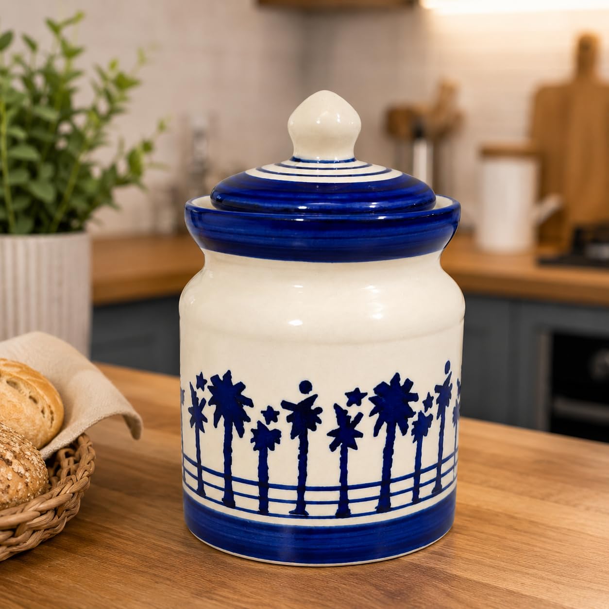 Crazy Sutra Naturra Ceramic Storage Jar with Lid | Blue & White Floral Kitchen Canister