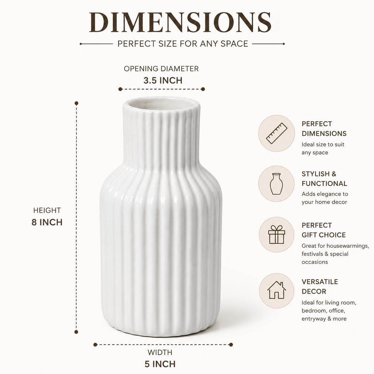 Sukoon by Crazy Sutra 8 Inch White Ceramic Vase – Ribbed Flower Vase