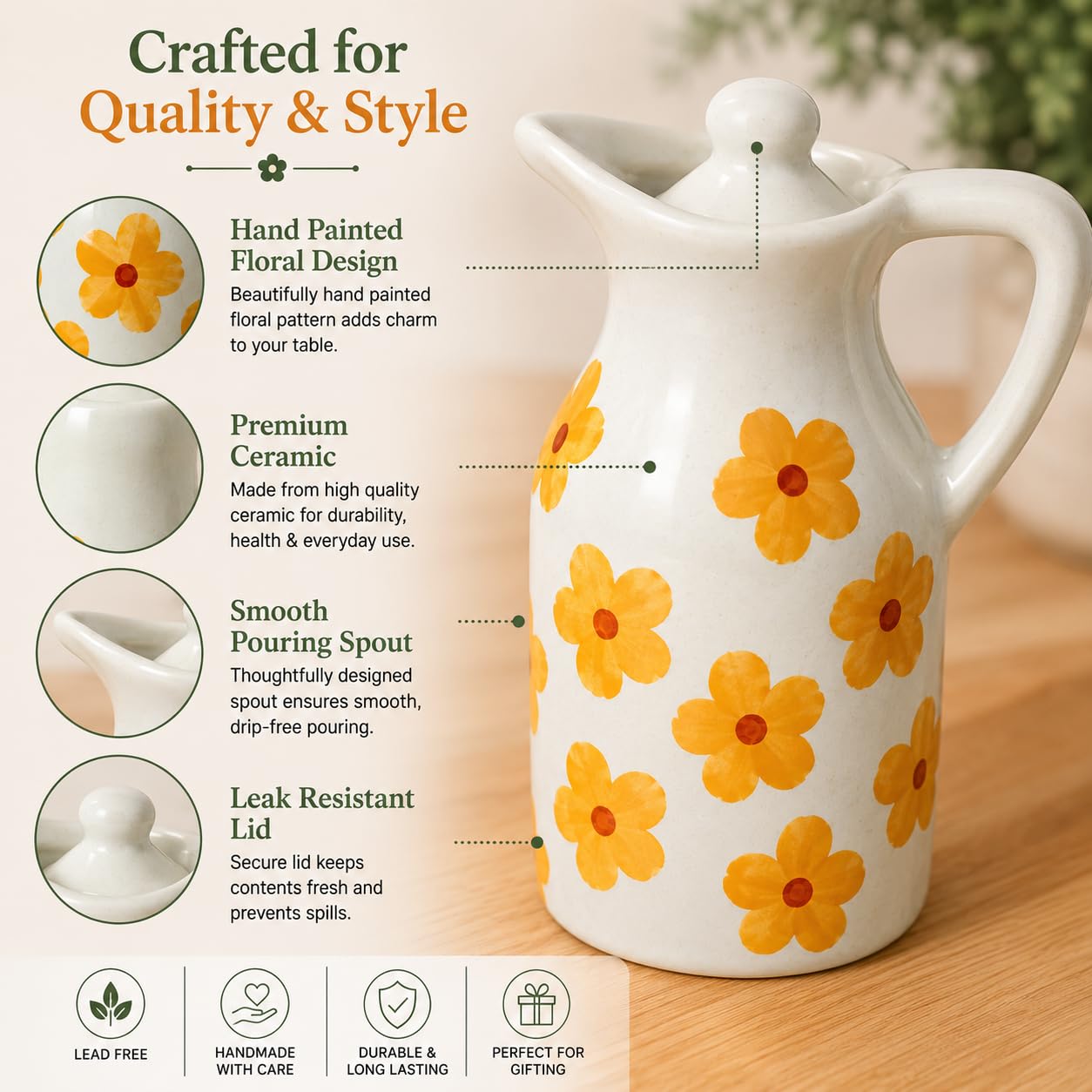 Crazy Sutra Naturra Ceramic Floral Oil Dispenser Bottle | Olive Oil Pourer with Lid