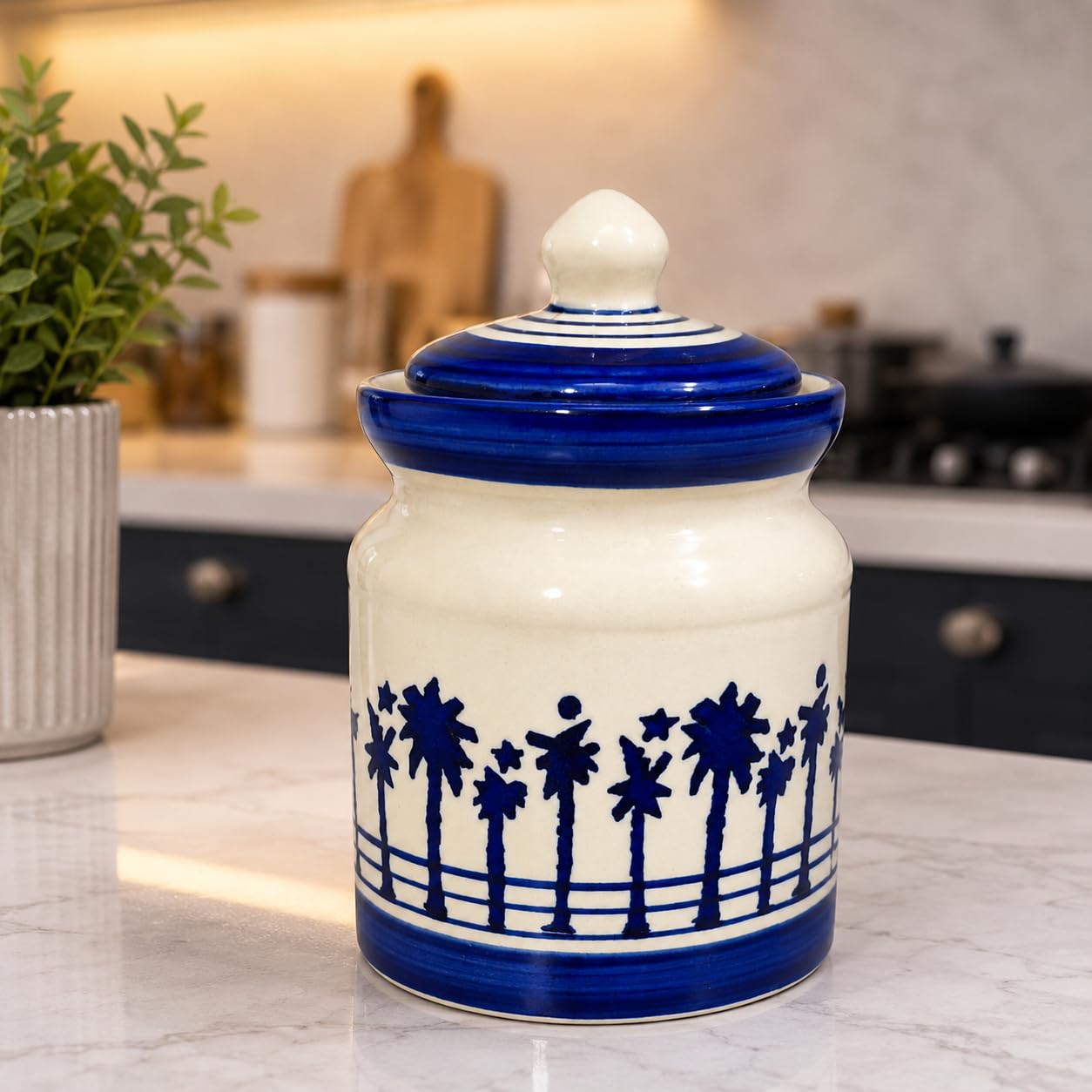 Crazy Sutra Naturra Ceramic Storage Jar with Lid | Blue & White Floral Kitchen Canister