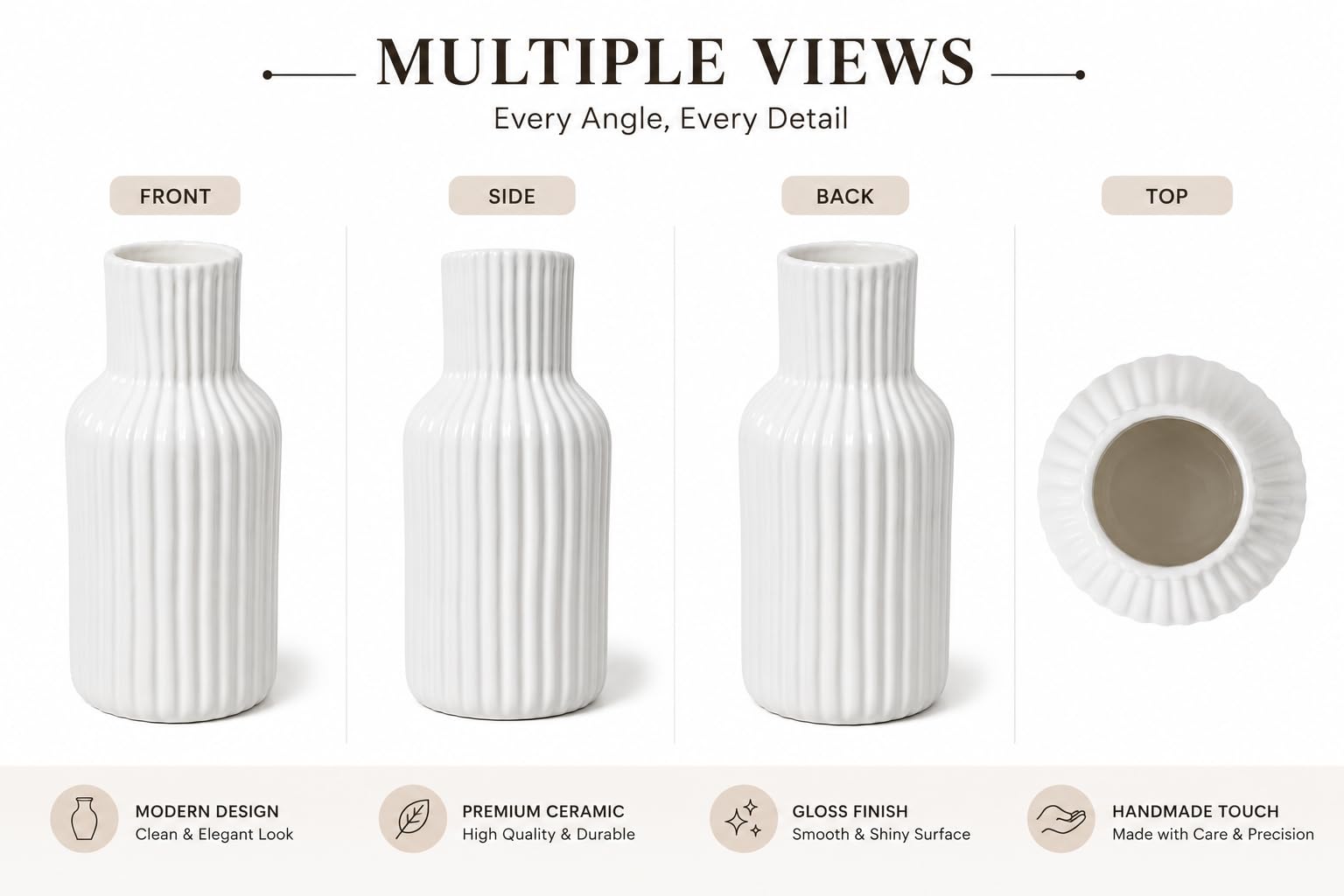 Sukoon by Crazy Sutra 8 Inch White Ceramic Vase – Ribbed Flower Vase