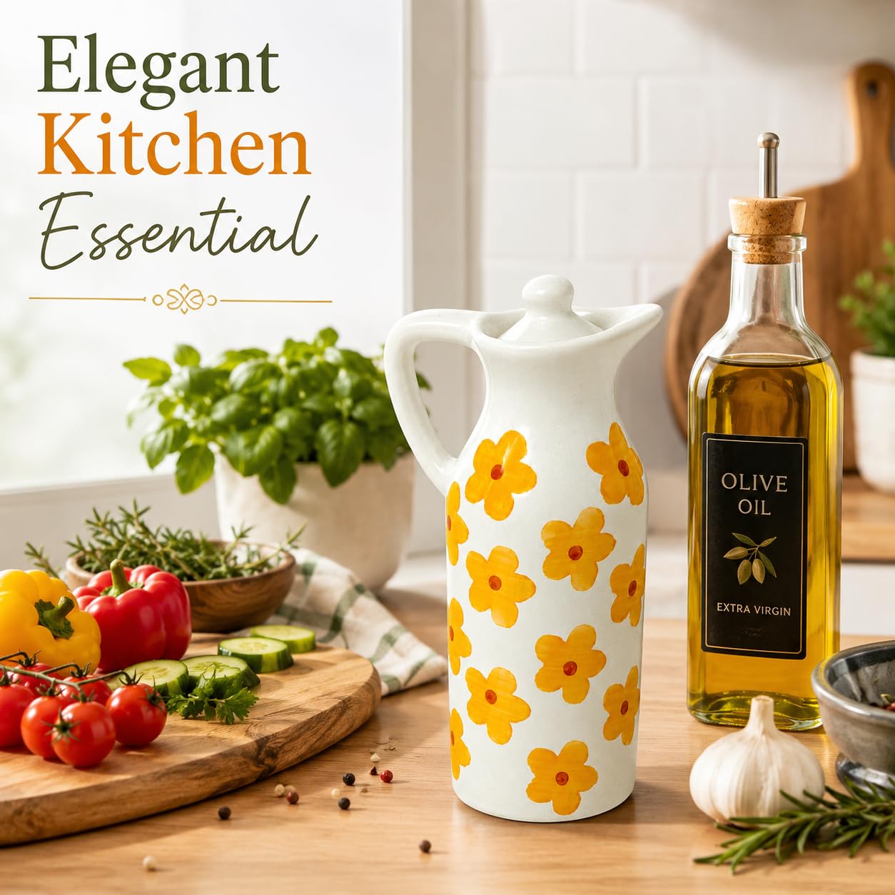 Crazy Sutra Naturra Ceramic Floral Oil Dispenser Bottle | Olive Oil Pourer with Lid