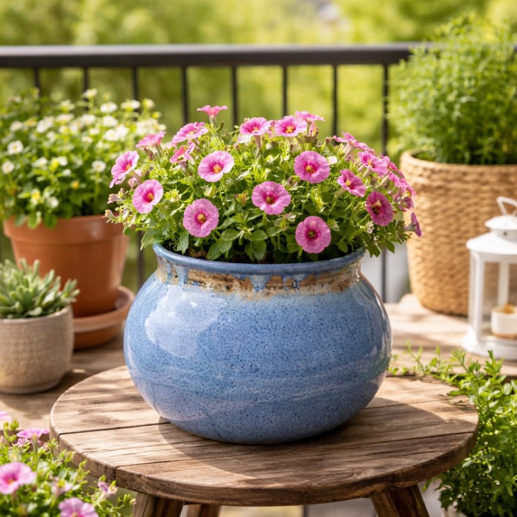 Crazy Sutra Sukoon Blue Ceramic Planter Pot | Glazed Round Indoor & Outdoor Planter for Succulents, Cactus, Bonsai & Small Plants