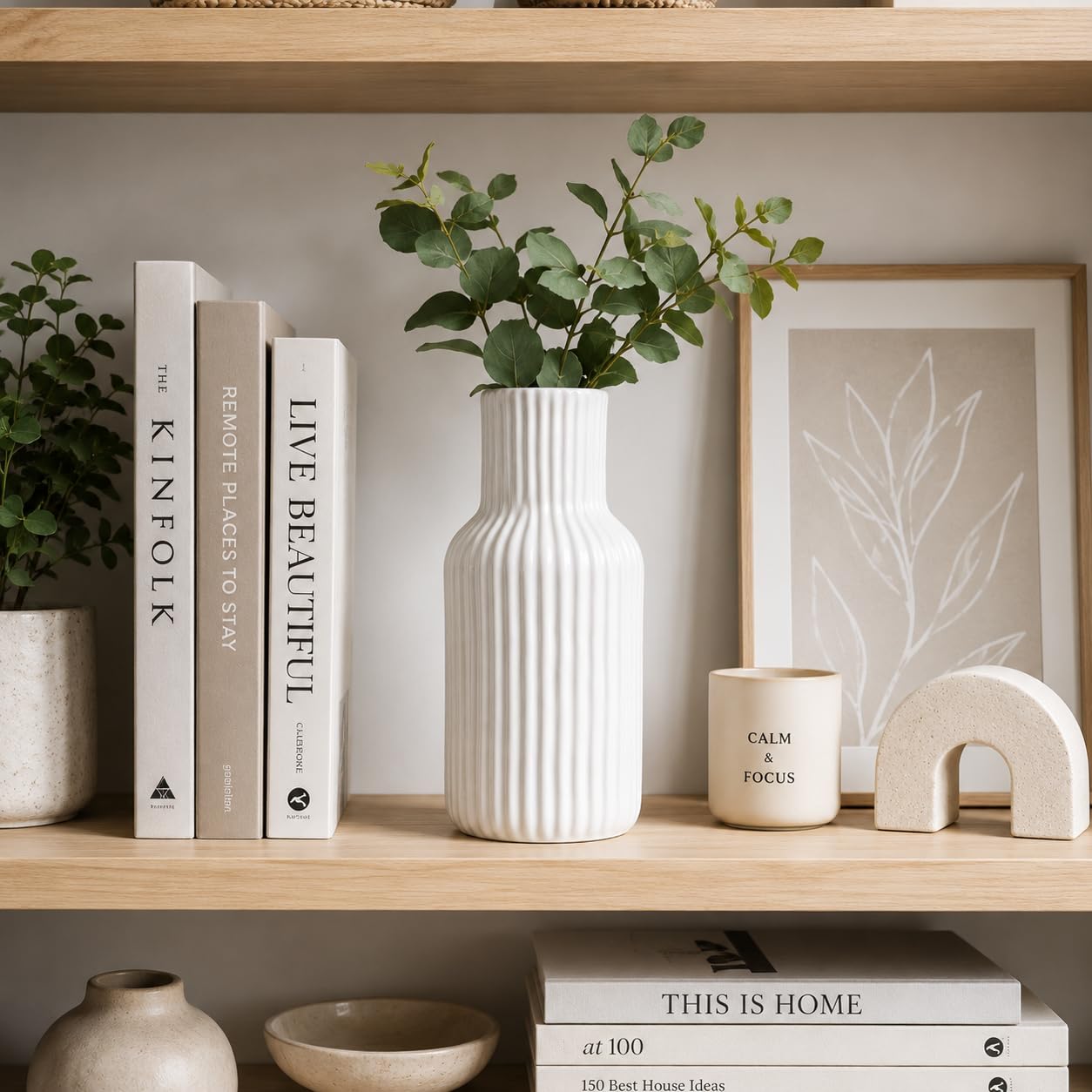 Sukoon by Crazy Sutra 8 Inch White Ceramic Vase – Ribbed Flower Vase