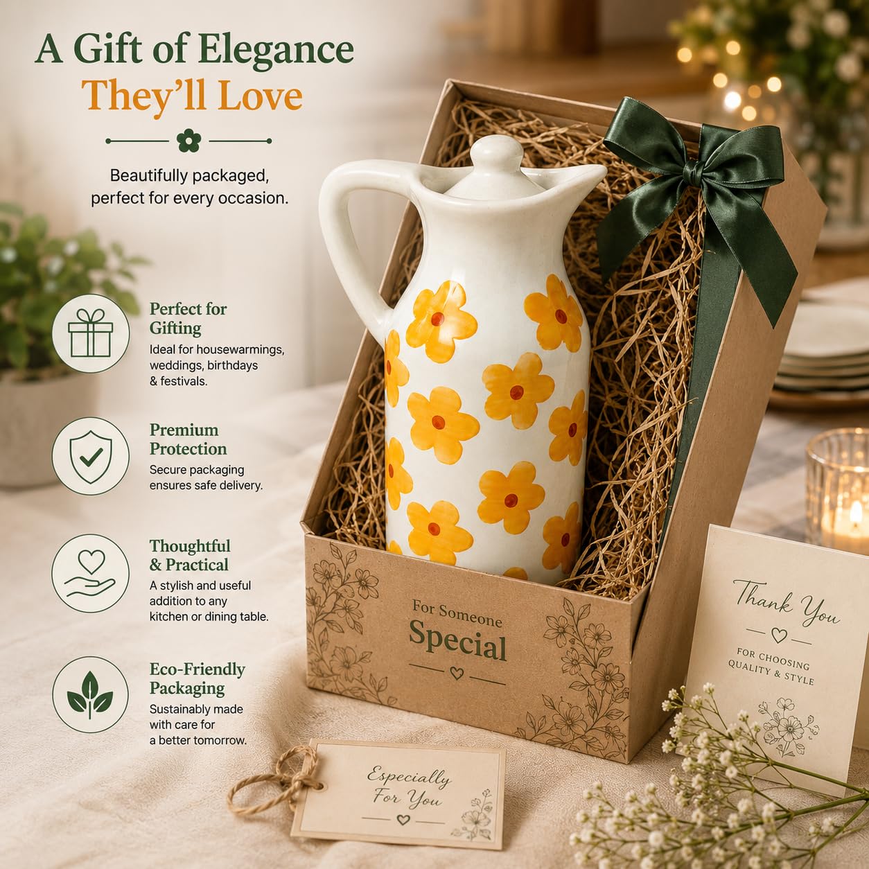 Crazy Sutra Naturra Ceramic Floral Oil Dispenser Bottle | Olive Oil Pourer with Lid