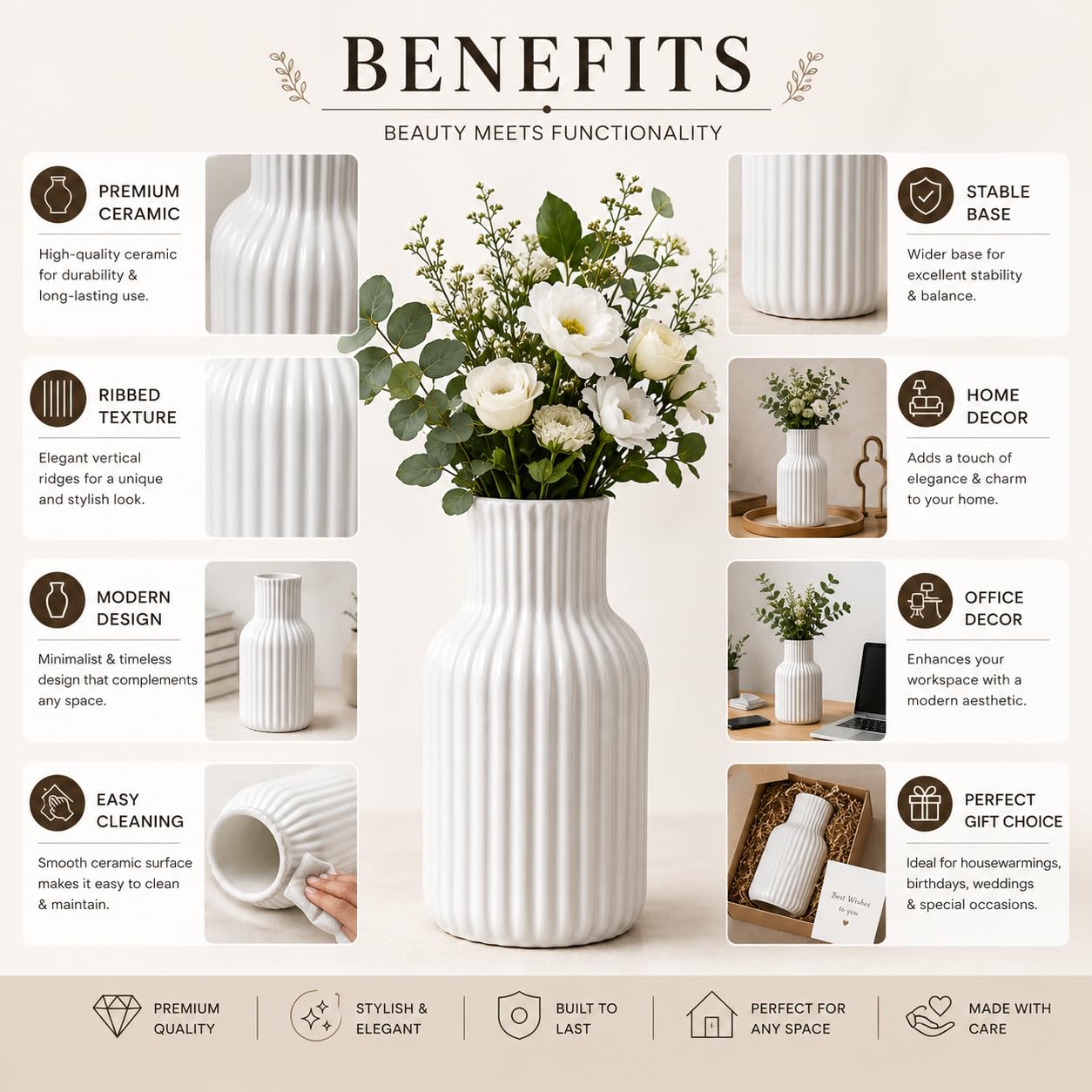 Sukoon by Crazy Sutra 8 Inch White Ceramic Vase – Ribbed Flower Vase