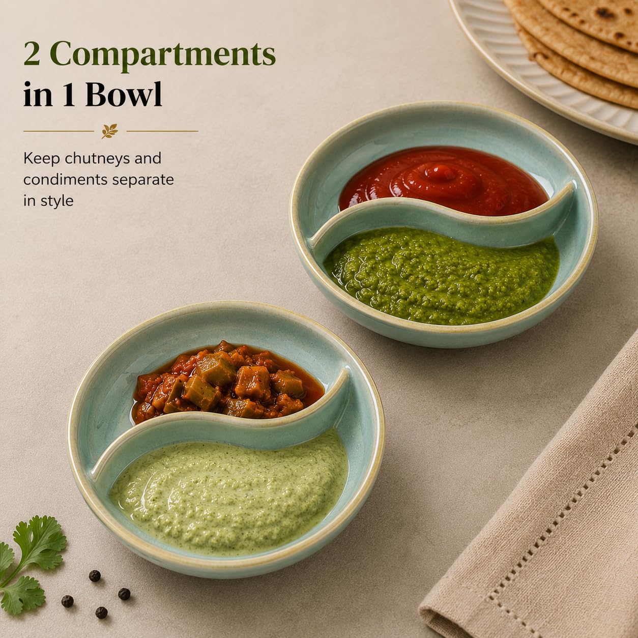 Ceramic Chutney Bowl Set of 2 | Crazy Sutra Divided Katori Bowls