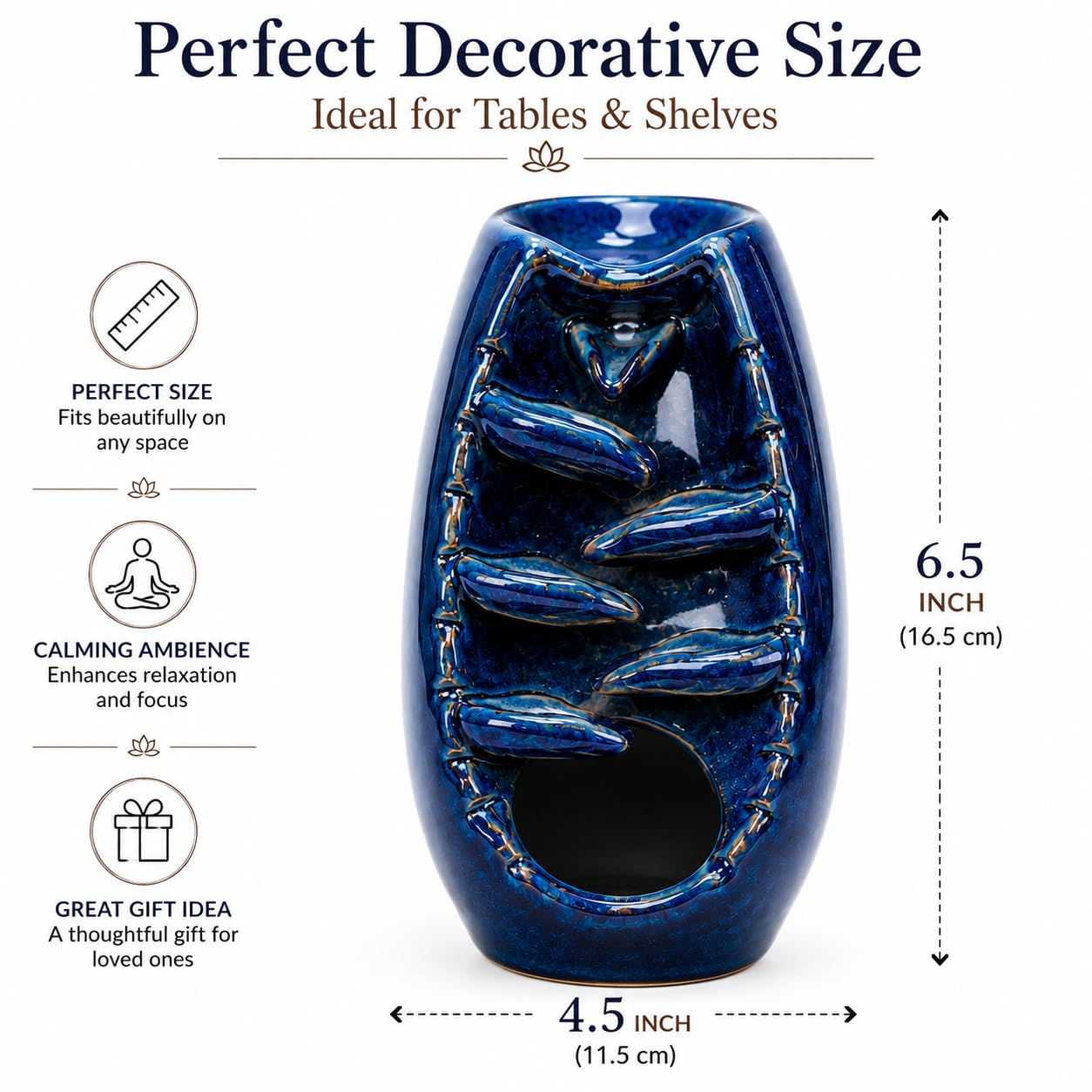 Sukoon by Crazy Sutra Handcrafted Ceramic Reverse Dhoop Cone Diffuser | Glossy Blue Textured Backflow Incense Burner for Home, Office & Meditation Décor | with 5 Reverse Dhoop Cones