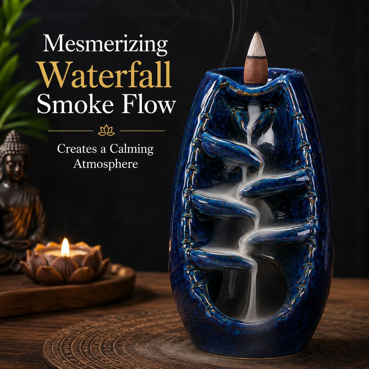 Sukoon by Crazy Sutra Handcrafted Ceramic Reverse Dhoop Cone Diffuser | Glossy Blue Textured Backflow Incense Burner for Home, Office & Meditation Décor | with 5 Reverse Dhoop Cones