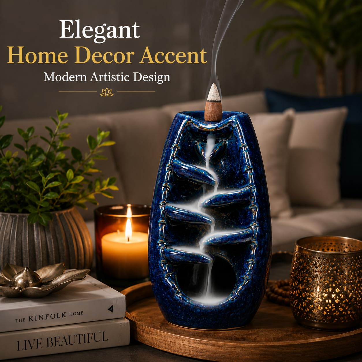Sukoon by Crazy Sutra Handcrafted Ceramic Reverse Dhoop Cone Diffuser | Glossy Blue Textured Backflow Incense Burner for Home, Office & Meditation Décor | with 5 Reverse Dhoop Cones