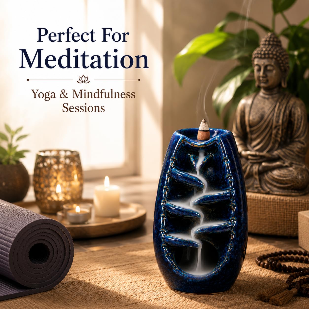 Sukoon by Crazy Sutra Handcrafted Ceramic Reverse Dhoop Cone Diffuser | Glossy Blue Textured Backflow Incense Burner for Home, Office & Meditation Décor | with 5 Reverse Dhoop Cones