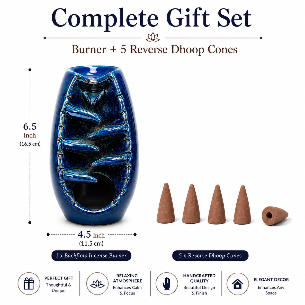 Sukoon by Crazy Sutra Handcrafted Ceramic Reverse Dhoop Cone Diffuser | Glossy Blue Textured Backflow Incense Burner for Home, Office & Meditation Décor | with 5 Reverse Dhoop Cones