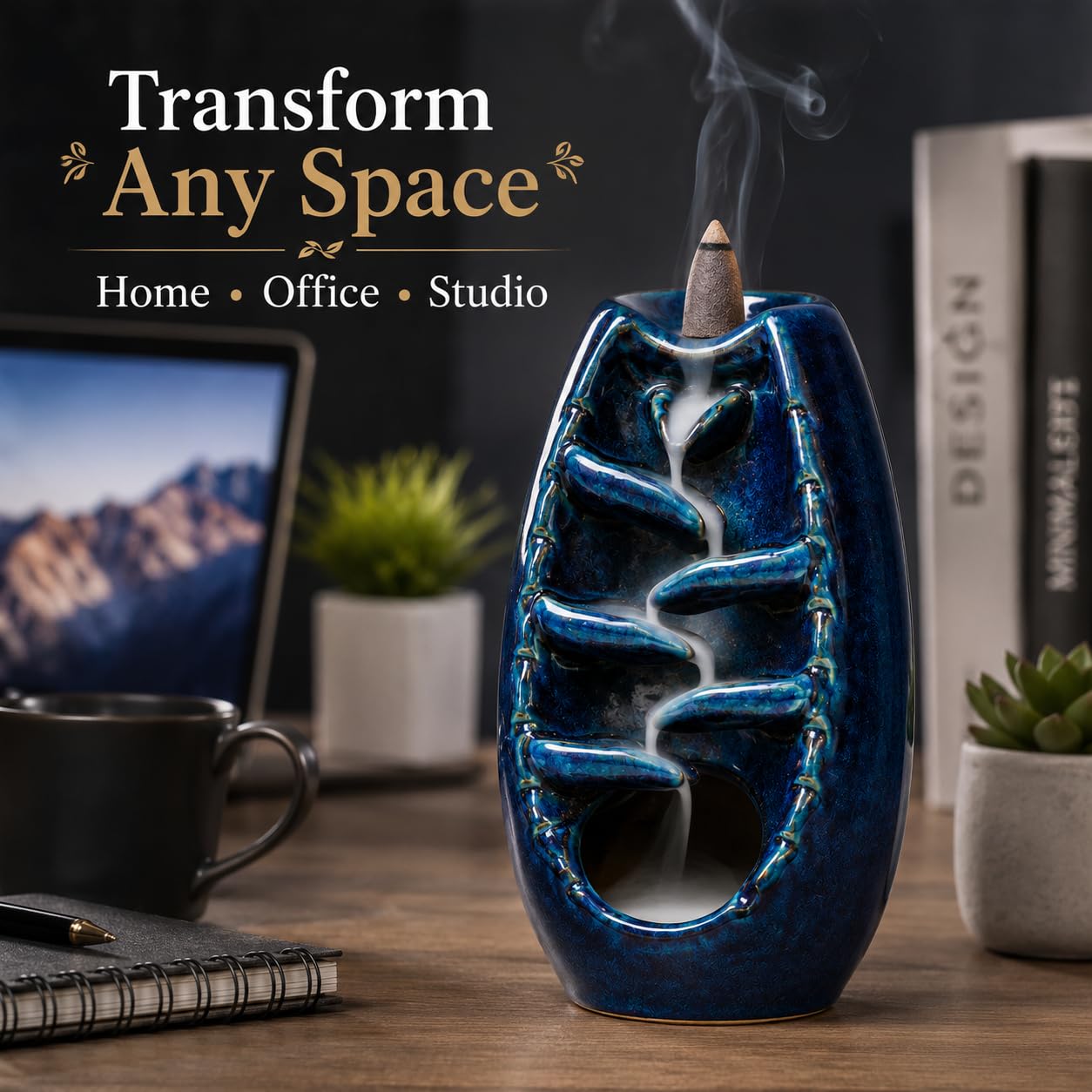 Sukoon by Crazy Sutra Handcrafted Ceramic Reverse Dhoop Cone Diffuser | Glossy Blue Textured Backflow Incense Burner for Home, Office & Meditation Décor | with 5 Reverse Dhoop Cones