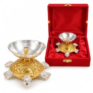 Silver aluminium tortoise diya for pooja with decorative turtle design