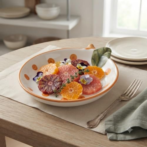 Crazy Sutra Ceramic Decorative Serving Plates – Orange Dot & Leaf Design, Set of 2