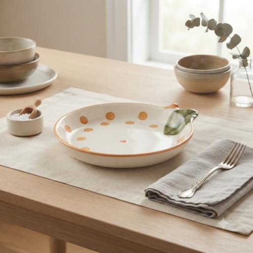 Crazy Sutra Ceramic Decorative Serving Plates – Orange Dot & Leaf Design, Set of 2