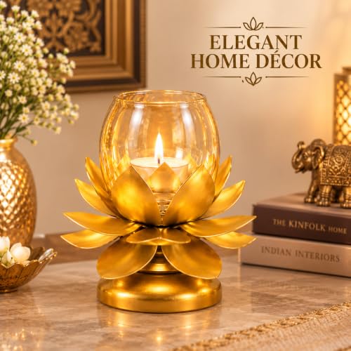 Golden Lotus Tealight Holder with Glass Candle Cup
