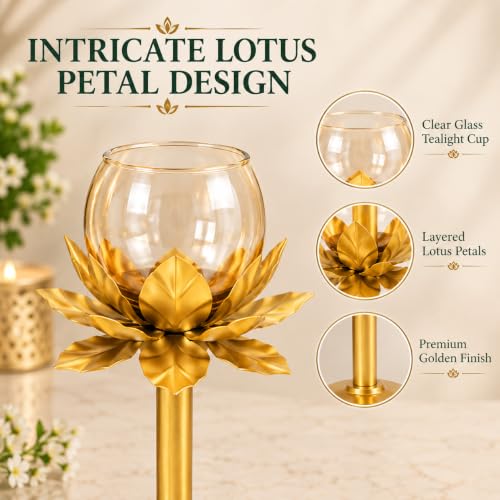 Golden Lotus Candle Holder Set of 3 with Glass Cups