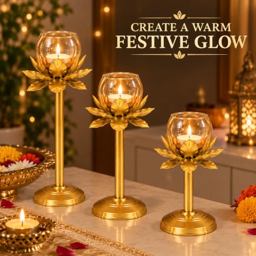 Golden Lotus Candle Holder Set of 3 with Glass Cups