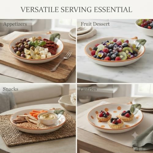 Crazy Sutra Ceramic Decorative Serving Plates – Orange Dot & Leaf Design, Set of 2