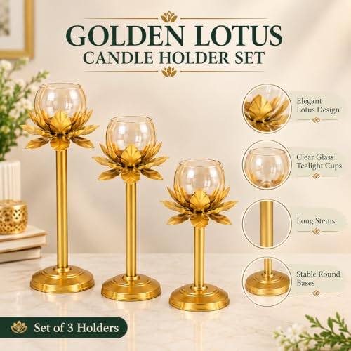 Golden Lotus Candle Holder Set of 3 with Glass Cups