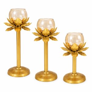 Golden Lotus Candle Holder Set of 3 with Glass Cups