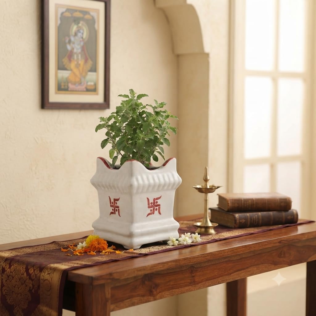 Crazy Sutra White Ceramic Tulsi Planter Pot – 7 cm