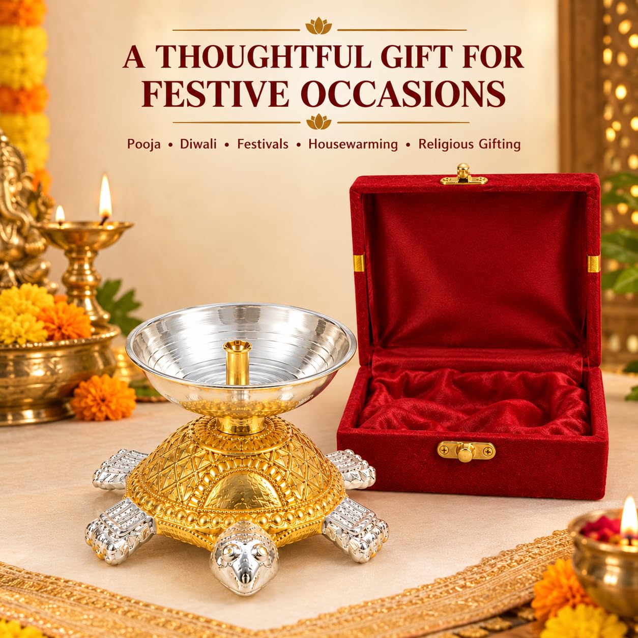 Crazy Sutra Aluminium Silver Tortoise Diya with Gift Box